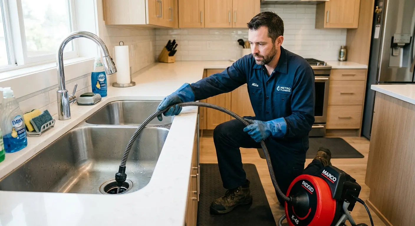 Drain cleaning technician using a motorized snake on a kitchen sink in Franconia