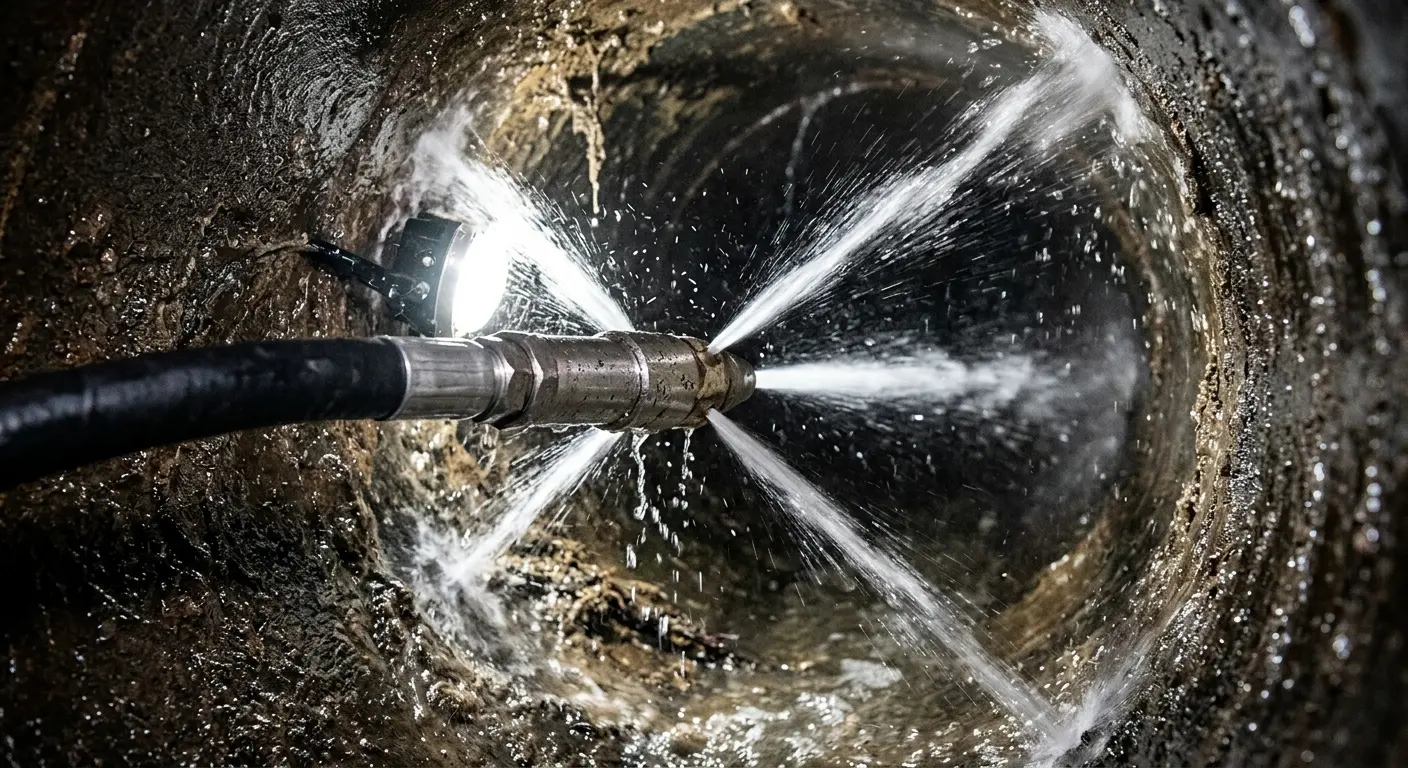 High-pressure hydro jetting nozzle cleaning sewer pipe for Trenchless Sewer Repair in Franconia