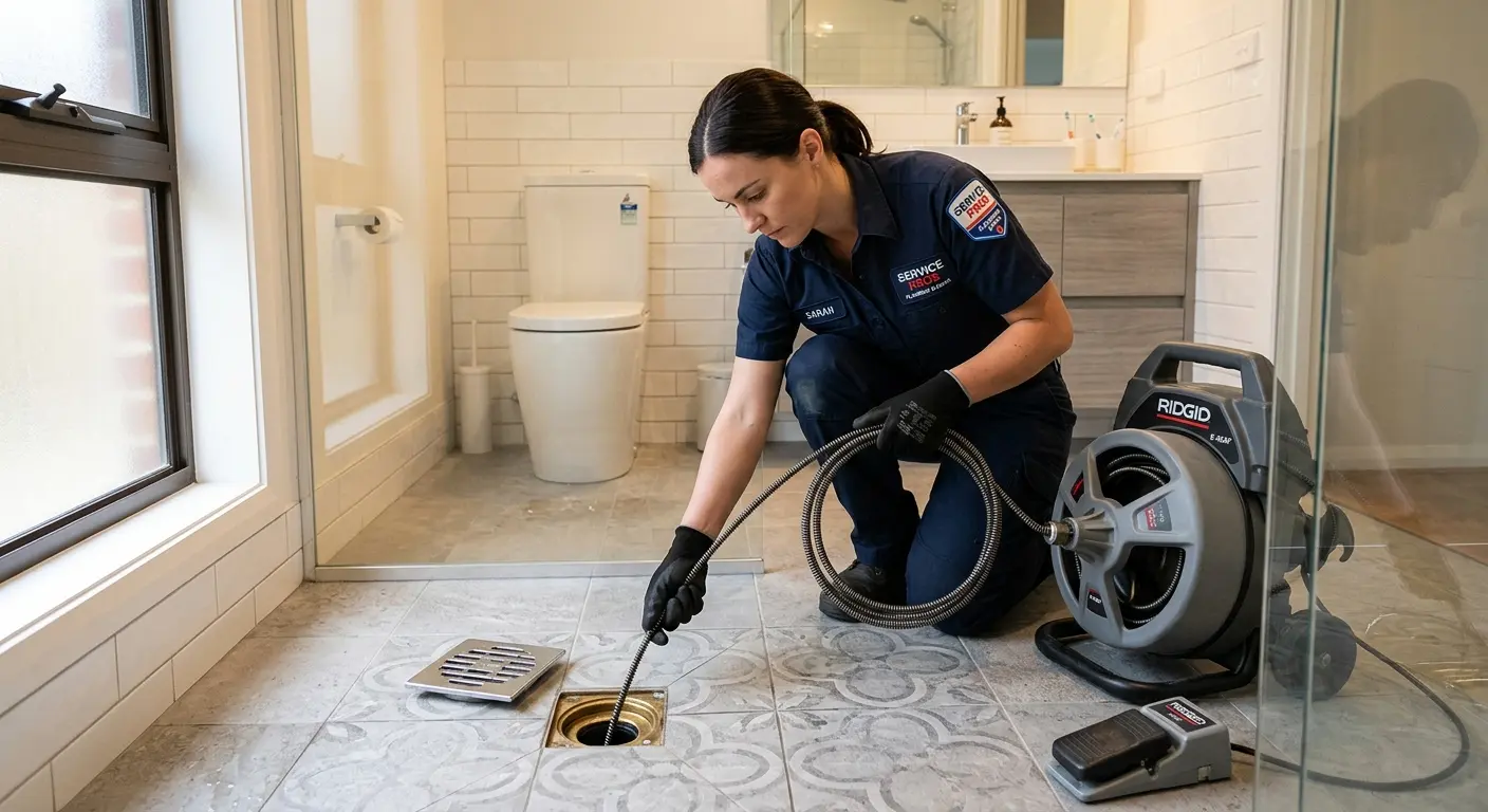 Technician clearing a bathroom floor drain for Drain Cleaning in Franconia